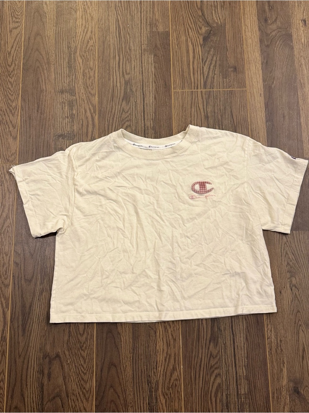 Vintage Women’s Champion Cream Pink Plaid Logo Crop Tee